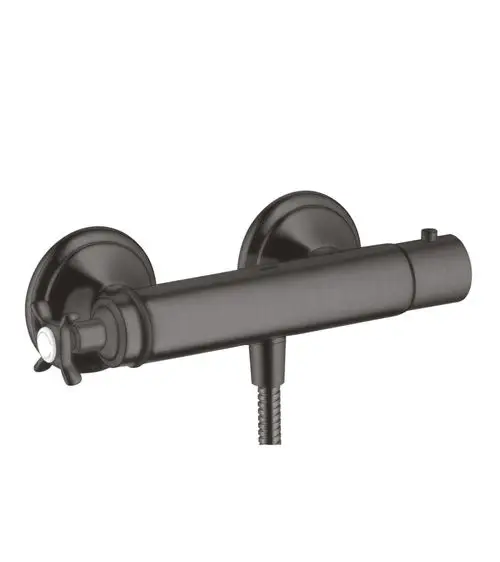 Brausethermostat in Brushed Black Chrome von AXOR, ausgestattet mit einem Kreuzgriff und zwei montierten Halterungen zur Wandbefestigung.